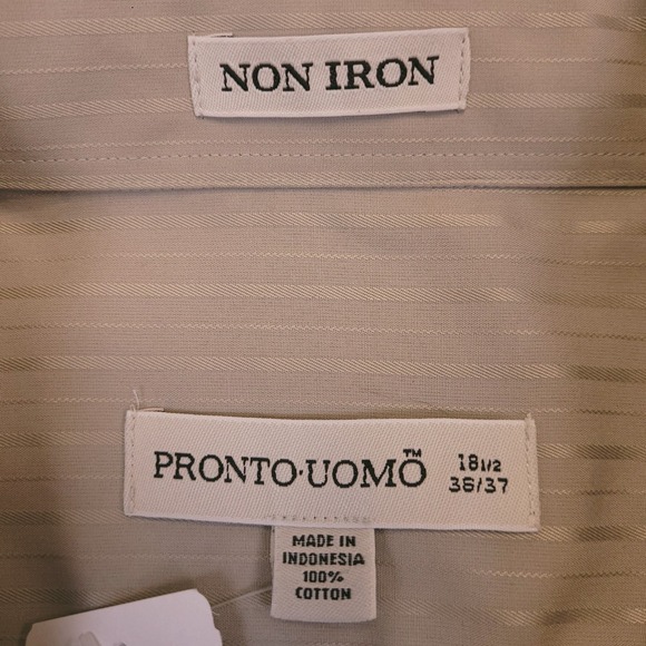 NWT Pronto Uomo Shirt Dress Shirt 18.5 36/37 Button Up Khaki Brown Tonal Stripe - Picture 6 of 16